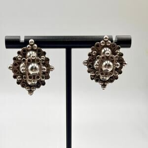 Handcrafted Vintage Sterling Silver Tested Ornate Button‎ Pierced Earrings